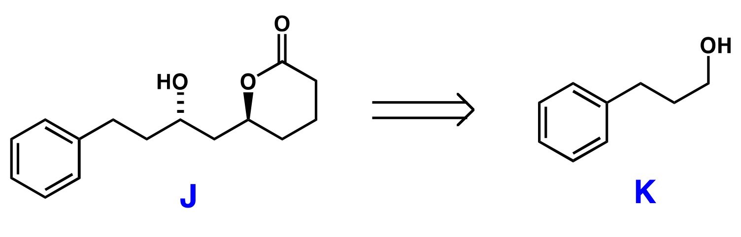 retrosynthesis of (6⁠S)-6-[(2⁠S)-2-hydroxy-4-phenylbutyl]oxan-2-one (J) from 3-phenylpropan-1-ol (K)